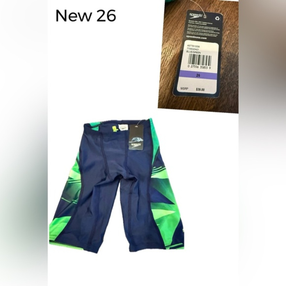 Speedo Boys Navy Blue and Green Jammer Swim Trunks